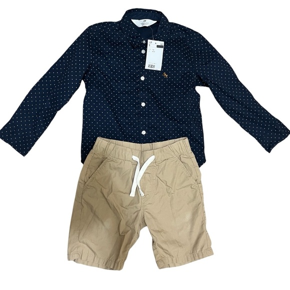 H&M boys long-sleeved navy blue polka-dot shirt and beige shorts - Picture 1 of 10